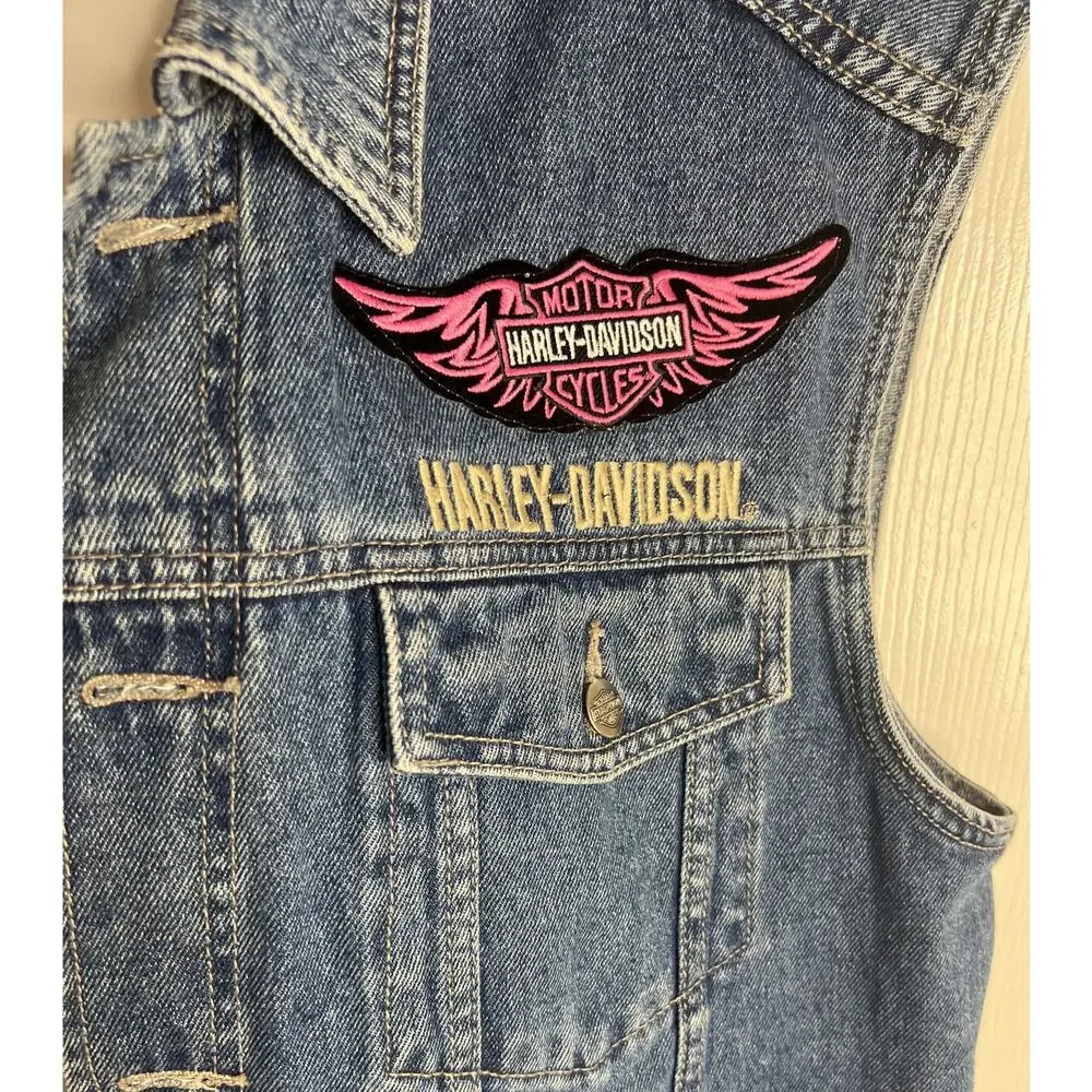 Harley-Davidson Women's Denim Motorcycle Vest w/Patches Blue ~ Size L